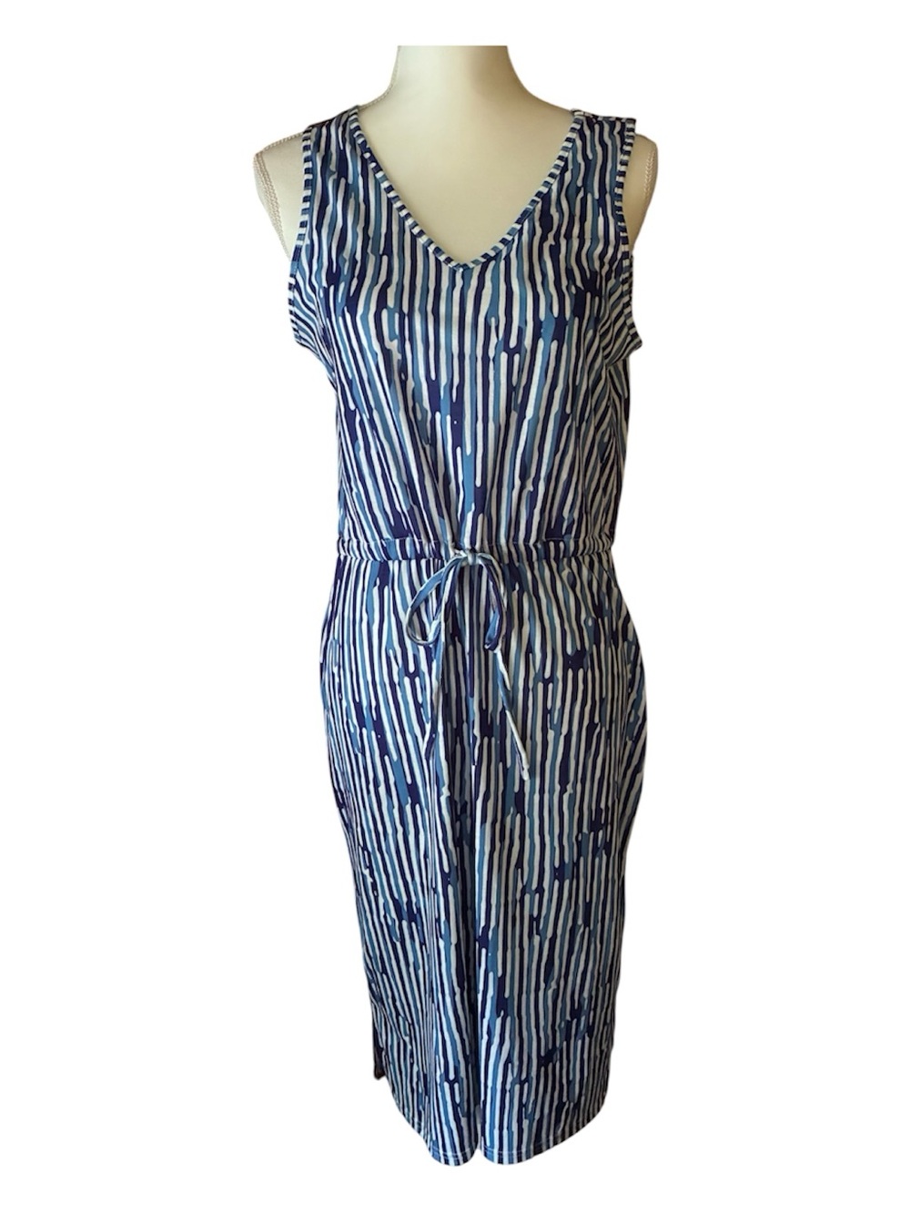 NWOT West Loop Blue and White Striped V-Neck Drawstring Tie-Waist Midi Dress